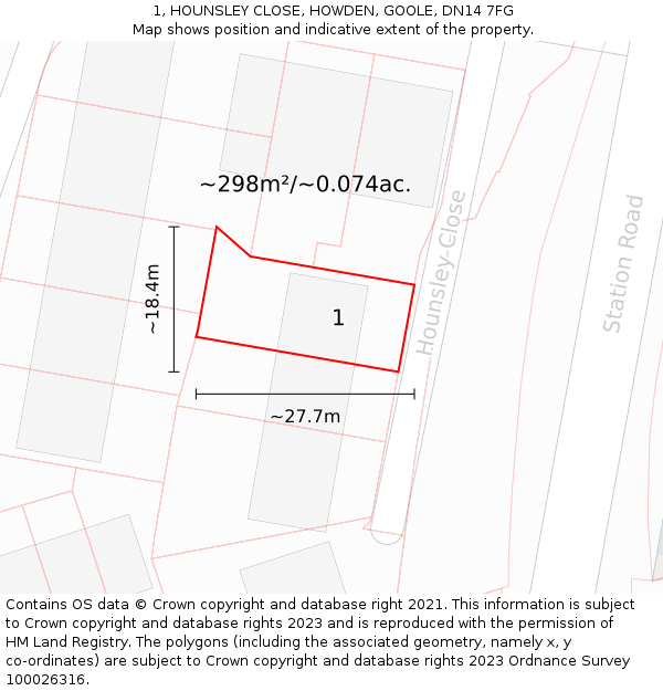 1, HOUNSLEY CLOSE, HOWDEN, GOOLE, DN14 7FG: Plot and title map
