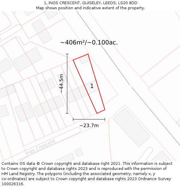 1, INGS CRESCENT, GUISELEY, LEEDS, LS20 8DD: Plot and title map