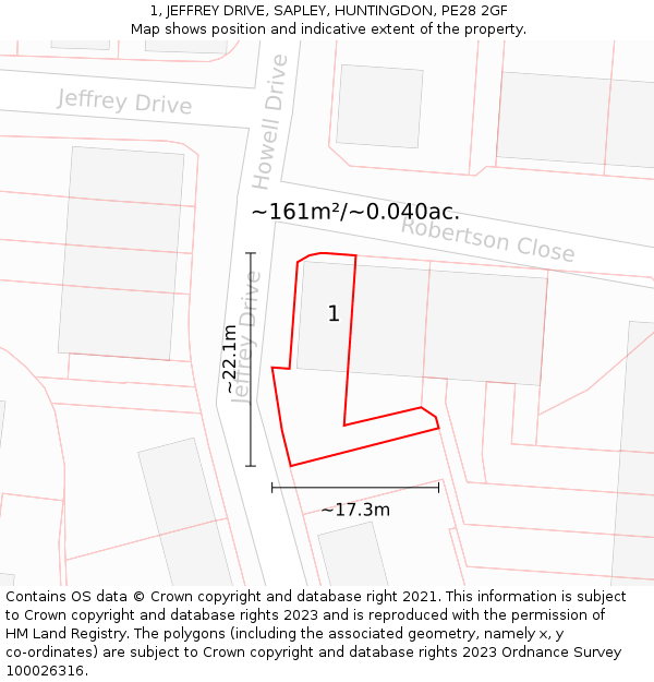 1, JEFFREY DRIVE, SAPLEY, HUNTINGDON, PE28 2GF: Plot and title map