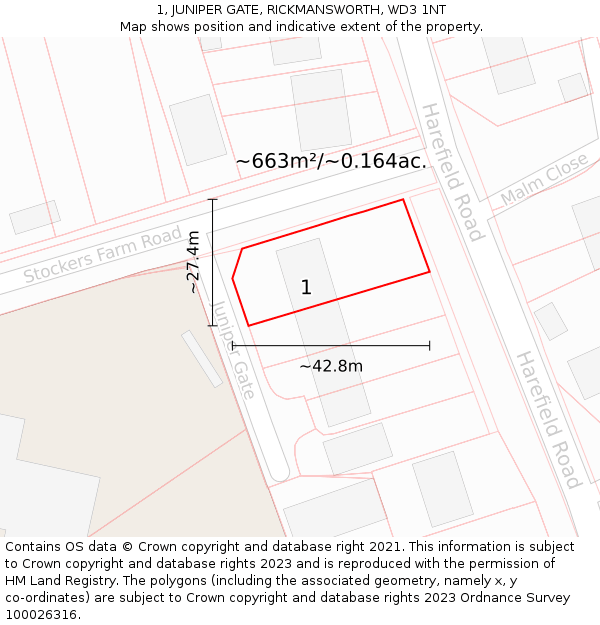 1, JUNIPER GATE, RICKMANSWORTH, WD3 1NT: Plot and title map