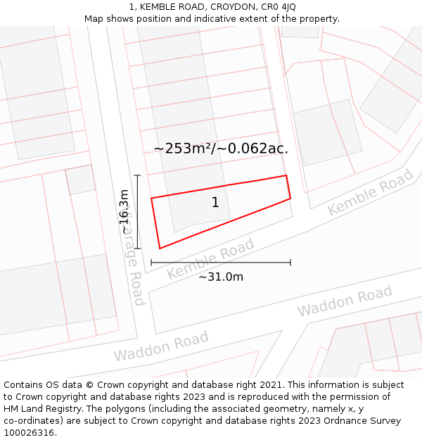 1, KEMBLE ROAD, CROYDON, CR0 4JQ: Plot and title map