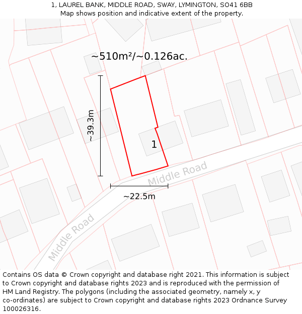 1, LAUREL BANK, MIDDLE ROAD, SWAY, LYMINGTON, SO41 6BB: Plot and title map