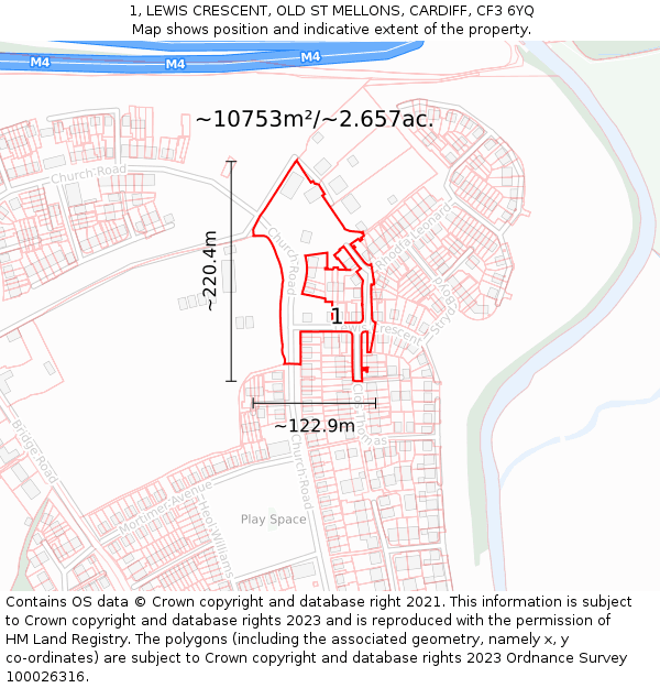 1, LEWIS CRESCENT, OLD ST MELLONS, CARDIFF, CF3 6YQ: Plot and title map