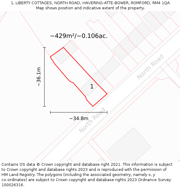 1, LIBERTY COTTAGES, NORTH ROAD, HAVERING-ATTE-BOWER, ROMFORD, RM4 1QA: Plot and title map