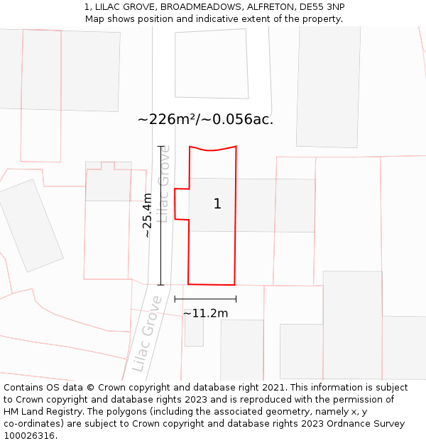 1, LILAC GROVE, BROADMEADOWS, ALFRETON, DE55 3NP: Plot and title map