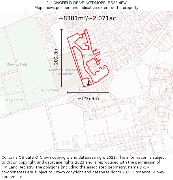1, LONGFIELD DRIVE, WEDMORE, BS28 4EW: Plot and title map