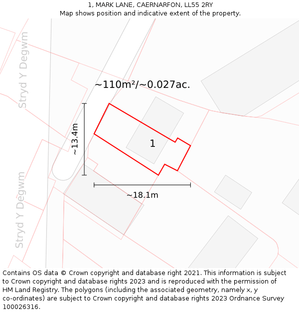 1, MARK LANE, CAERNARFON, LL55 2RY: Plot and title map