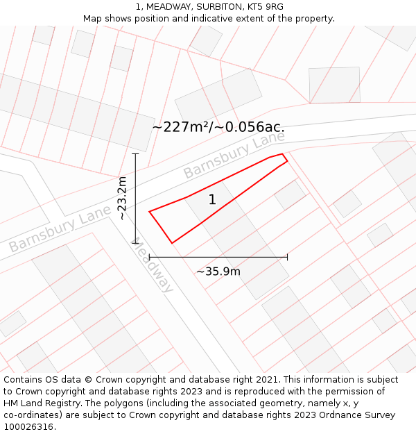1, MEADWAY, SURBITON, KT5 9RG: Plot and title map