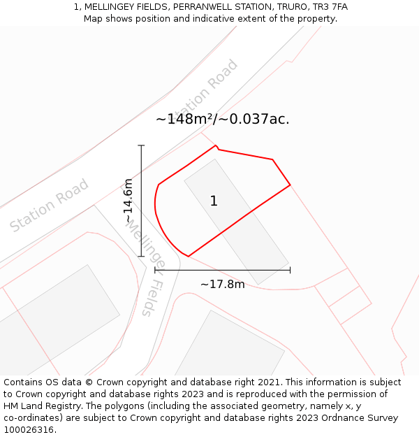 1, MELLINGEY FIELDS, PERRANWELL STATION, TRURO, TR3 7FA: Plot and title map