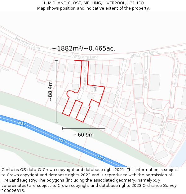 1, MIDLAND CLOSE, MELLING, LIVERPOOL, L31 1FQ: Plot and title map