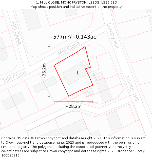 1, MILL CLOSE, MONK FRYSTON, LEEDS, LS25 5ED: Plot and title map