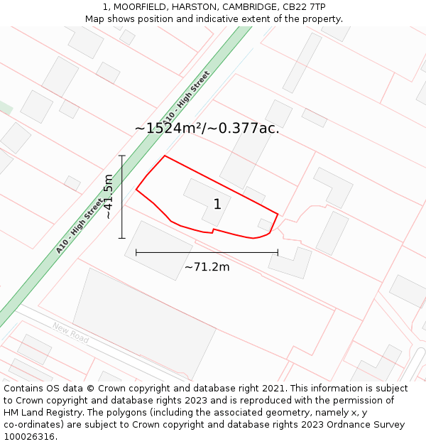 1, MOORFIELD, HARSTON, CAMBRIDGE, CB22 7TP: Plot and title map