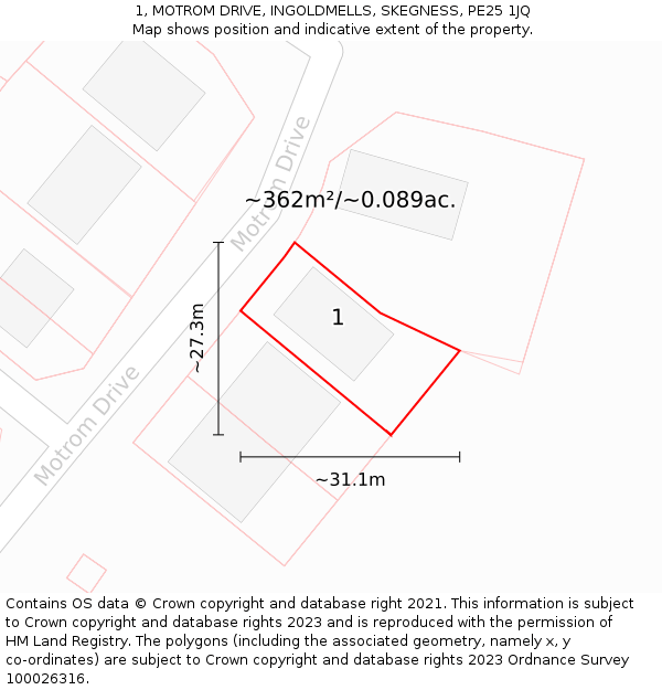 1, MOTROM DRIVE, INGOLDMELLS, SKEGNESS, PE25 1JQ: Plot and title map