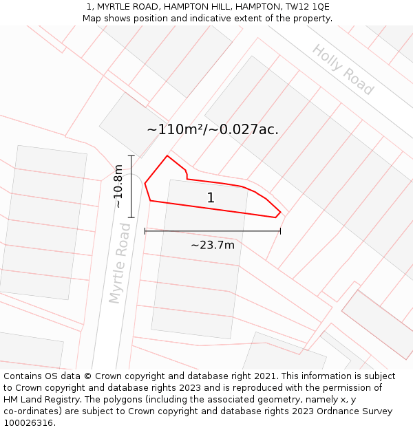 1, MYRTLE ROAD, HAMPTON HILL, HAMPTON, TW12 1QE: Plot and title map