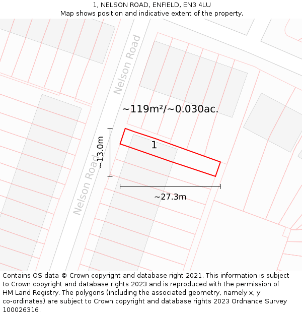 1, NELSON ROAD, ENFIELD, EN3 4LU: Plot and title map