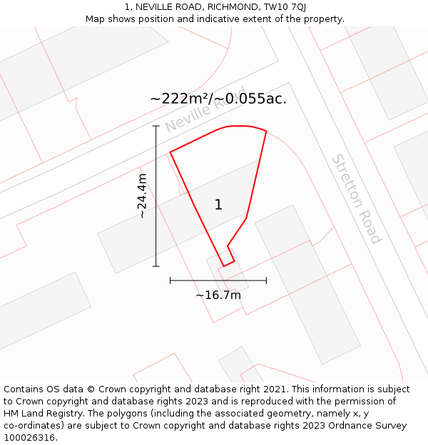 1, NEVILLE ROAD, RICHMOND, TW10 7QJ: Plot and title map