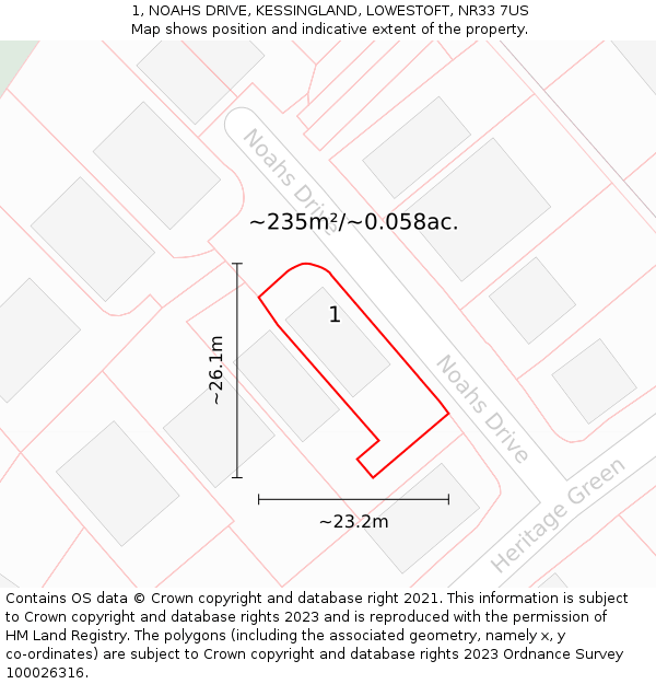 1, NOAHS DRIVE, KESSINGLAND, LOWESTOFT, NR33 7US: Plot and title map