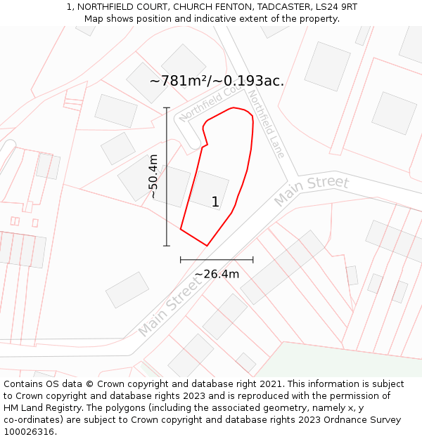1, NORTHFIELD COURT, CHURCH FENTON, TADCASTER, LS24 9RT: Plot and title map