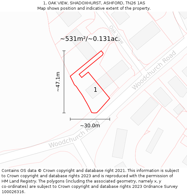 1, OAK VIEW, SHADOXHURST, ASHFORD, TN26 1AS: Plot and title map