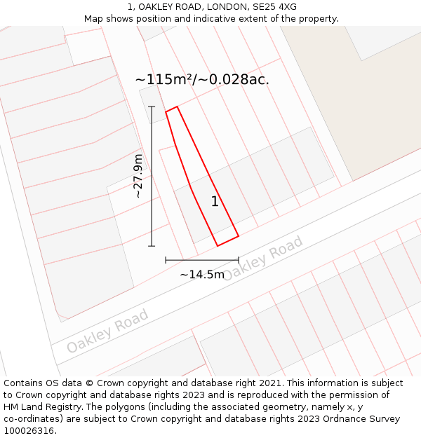 1, OAKLEY ROAD, LONDON, SE25 4XG: Plot and title map