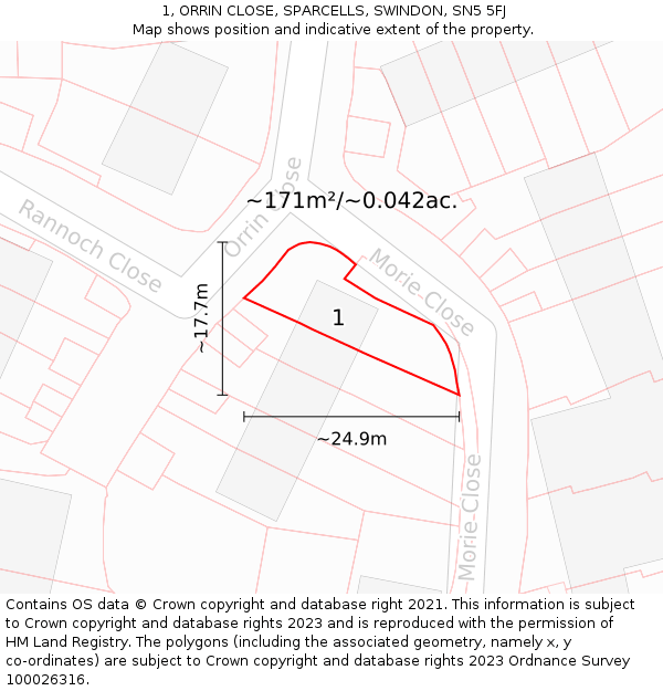 1, ORRIN CLOSE, SPARCELLS, SWINDON, SN5 5FJ: Plot and title map