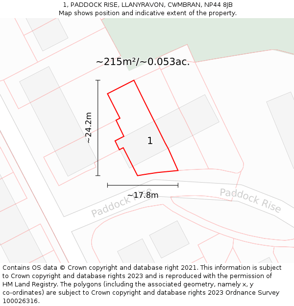 1, PADDOCK RISE, LLANYRAVON, CWMBRAN, NP44 8JB: Plot and title map
