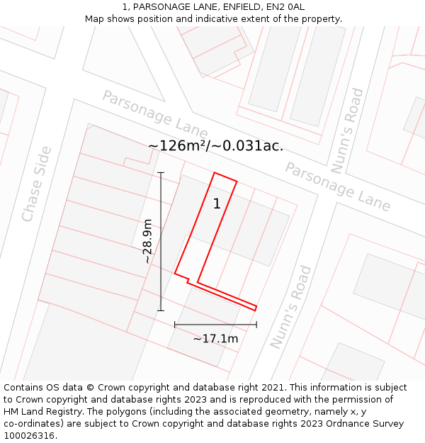 1, PARSONAGE LANE, ENFIELD, EN2 0AL: Plot and title map