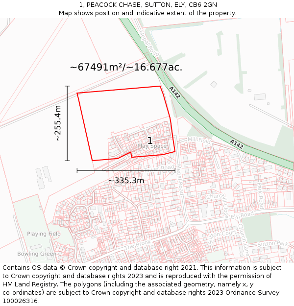 1, PEACOCK CHASE, SUTTON, ELY, CB6 2GN: Plot and title map