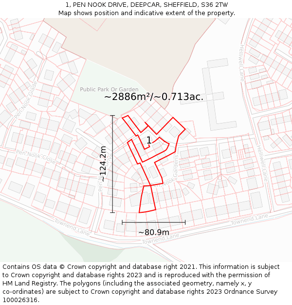 1, PEN NOOK DRIVE, DEEPCAR, SHEFFIELD, S36 2TW: Plot and title map
