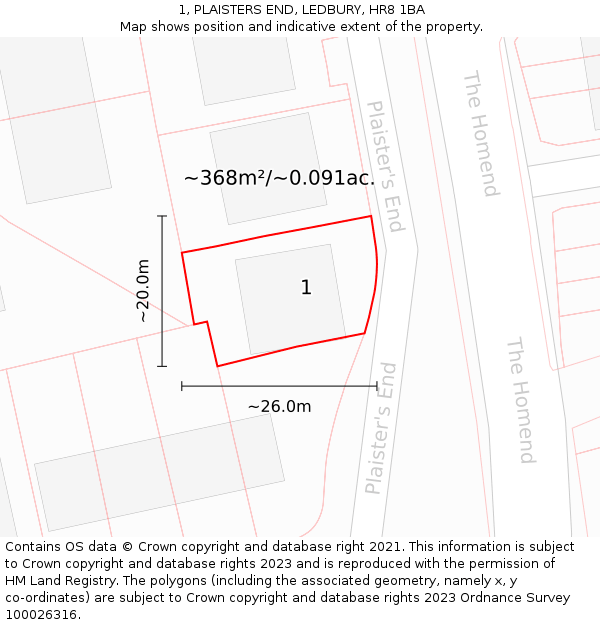 1, PLAISTERS END, LEDBURY, HR8 1BA: Plot and title map