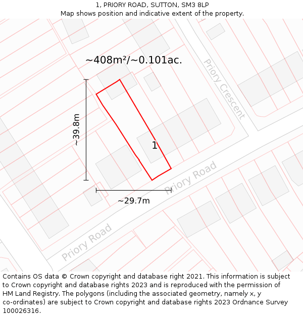 1, PRIORY ROAD, SUTTON, SM3 8LP: Plot and title map