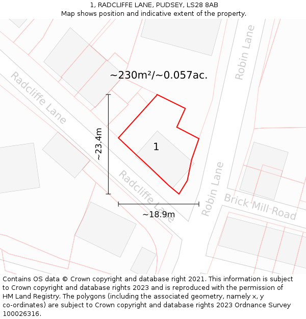 1, RADCLIFFE LANE, PUDSEY, LS28 8AB: Plot and title map