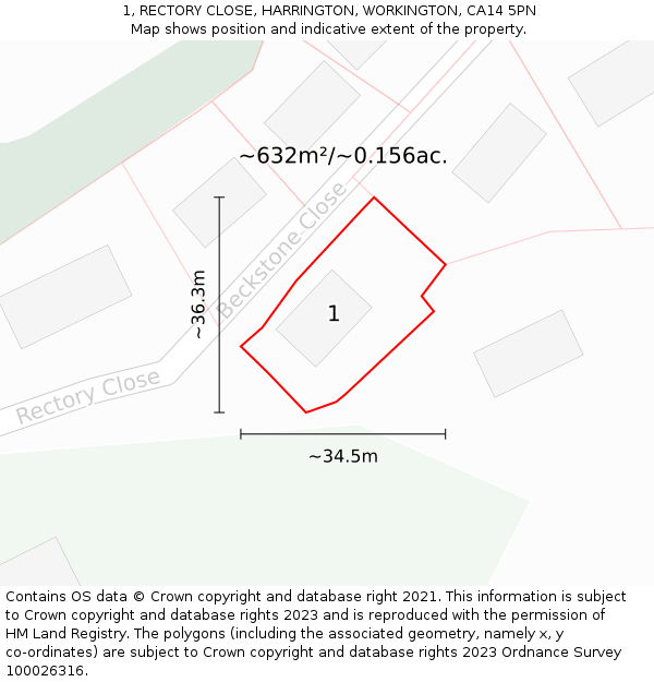 1, RECTORY CLOSE, HARRINGTON, WORKINGTON, CA14 5PN: Plot and title map