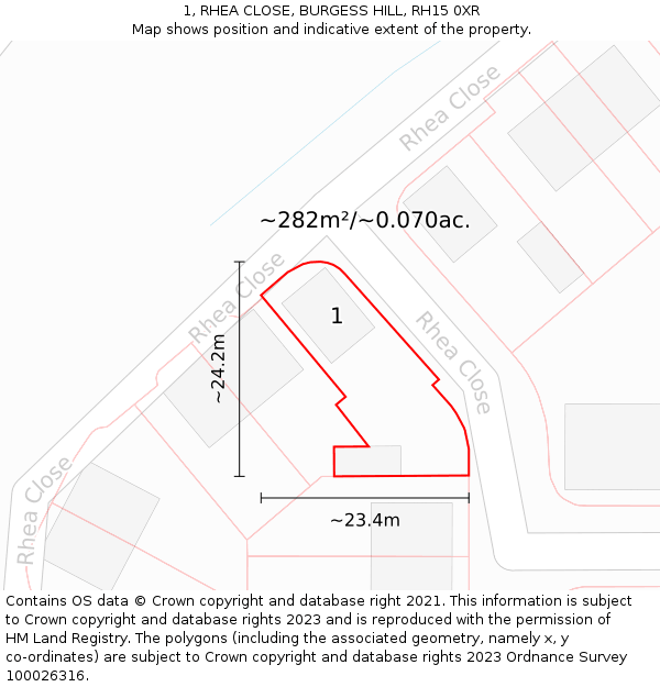 1, RHEA CLOSE, BURGESS HILL, RH15 0XR: Plot and title map
