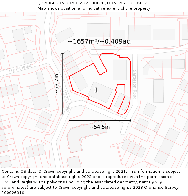 1, SARGESON ROAD, ARMTHORPE, DONCASTER, DN3 2FG: Plot and title map