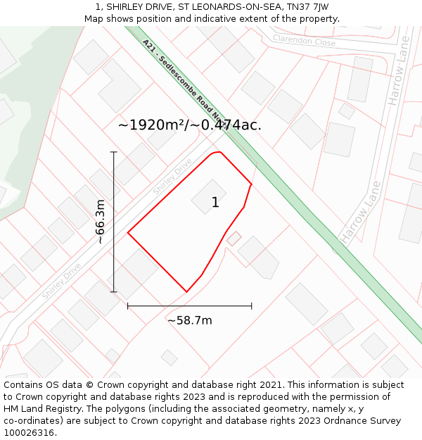 1, SHIRLEY DRIVE, ST LEONARDS-ON-SEA, TN37 7JW: Plot and title map