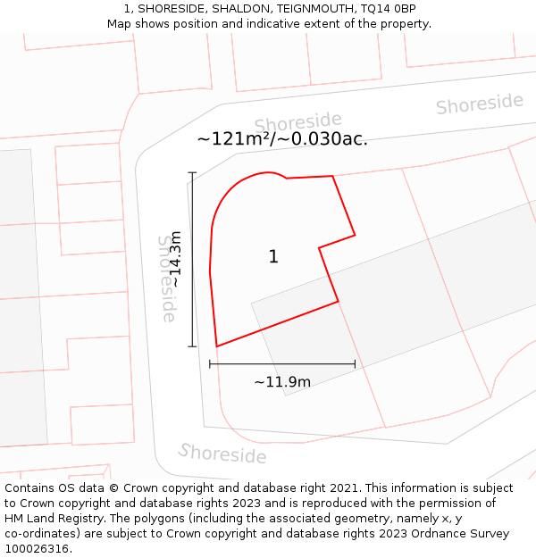 1, SHORESIDE, SHALDON, TEIGNMOUTH, TQ14 0BP: Plot and title map