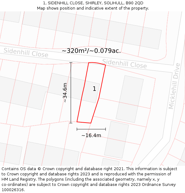 1, SIDENHILL CLOSE, SHIRLEY, SOLIHULL, B90 2QD: Plot and title map