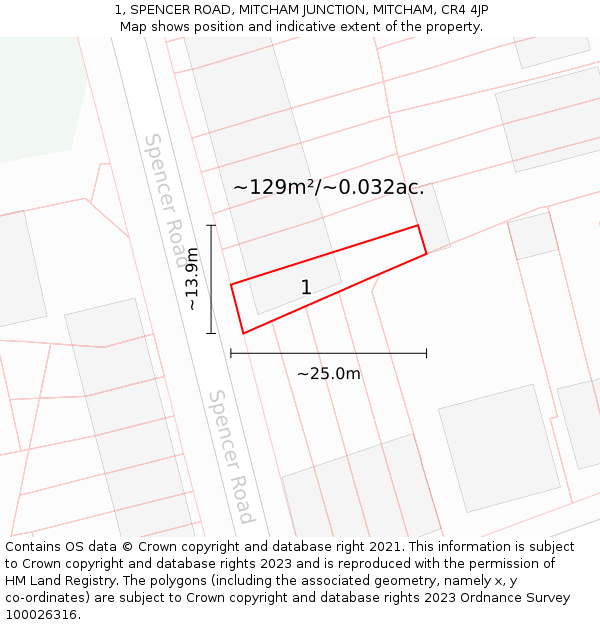 1, SPENCER ROAD, MITCHAM JUNCTION, MITCHAM, CR4 4JP: Plot and title map
