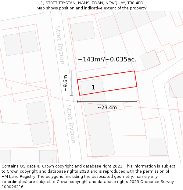 1, STRET TRYSTAN, NANSLEDAN, NEWQUAY, TR8 4FD: Plot and title map