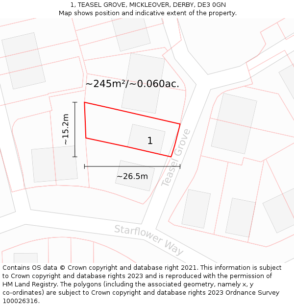 1, TEASEL GROVE, MICKLEOVER, DERBY, DE3 0GN: Plot and title map