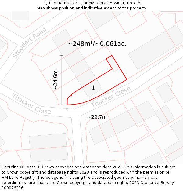 1, THACKER CLOSE, BRAMFORD, IPSWICH, IP8 4FA: Plot and title map