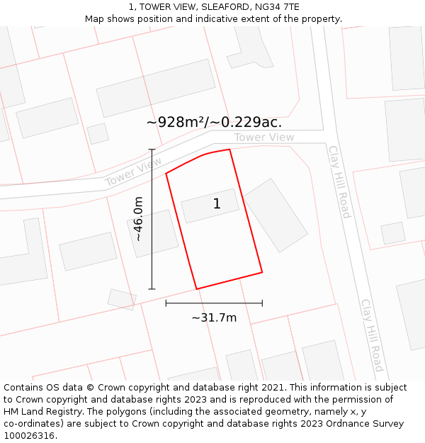1, TOWER VIEW, SLEAFORD, NG34 7TE: Plot and title map