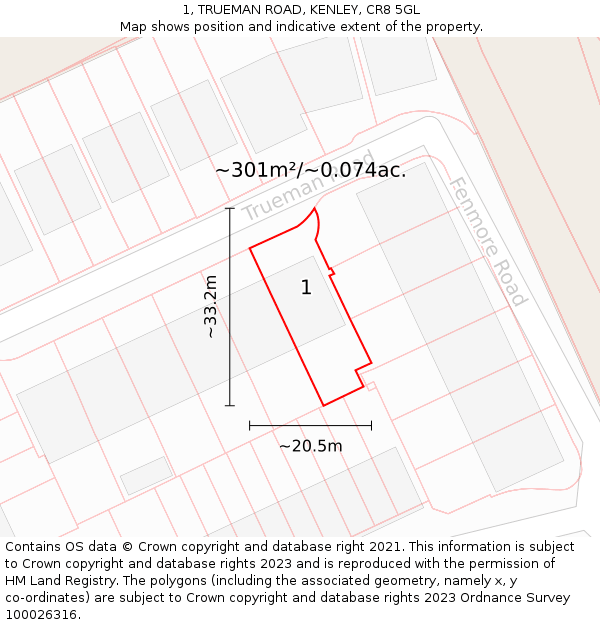 1, TRUEMAN ROAD, KENLEY, CR8 5GL: Plot and title map