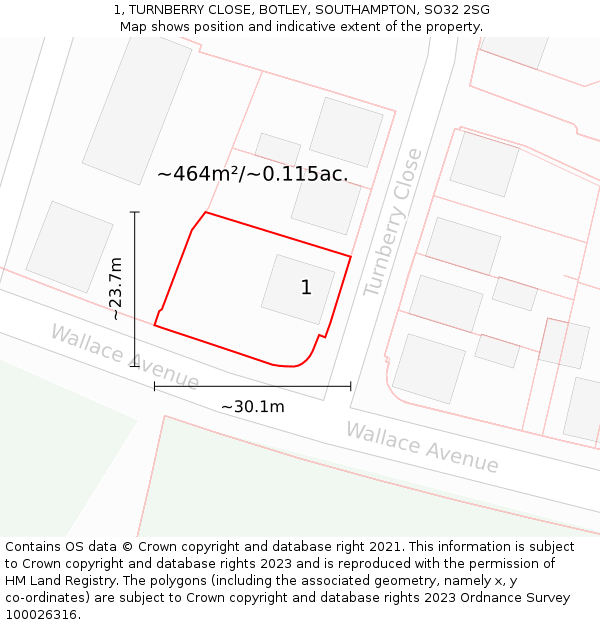 1, TURNBERRY CLOSE, BOTLEY, SOUTHAMPTON, SO32 2SG: Plot and title map