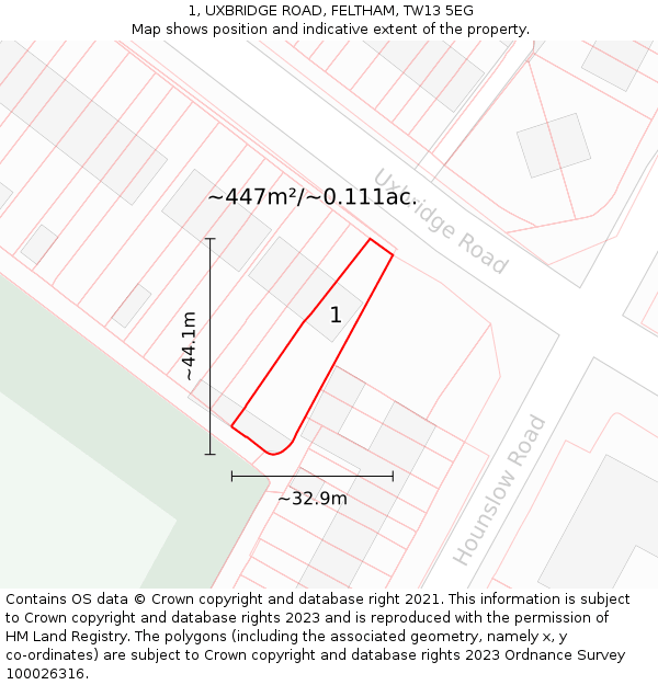 1, UXBRIDGE ROAD, FELTHAM, TW13 5EG: Plot and title map