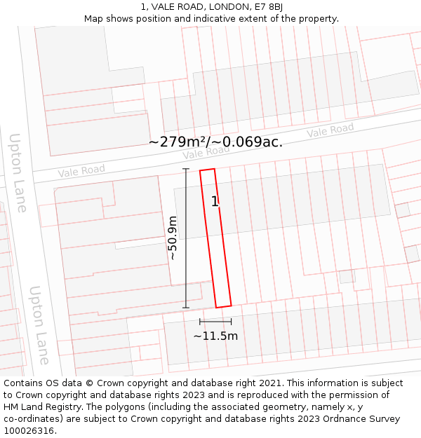 1, VALE ROAD, LONDON, E7 8BJ: Plot and title map