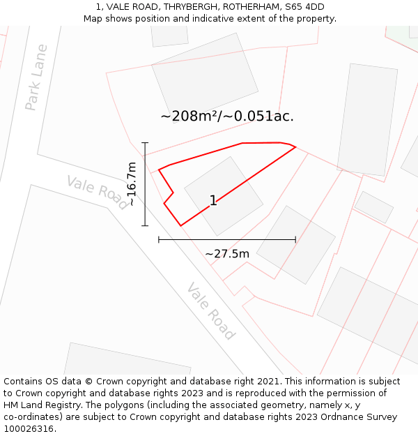 1, VALE ROAD, THRYBERGH, ROTHERHAM, S65 4DD: Plot and title map