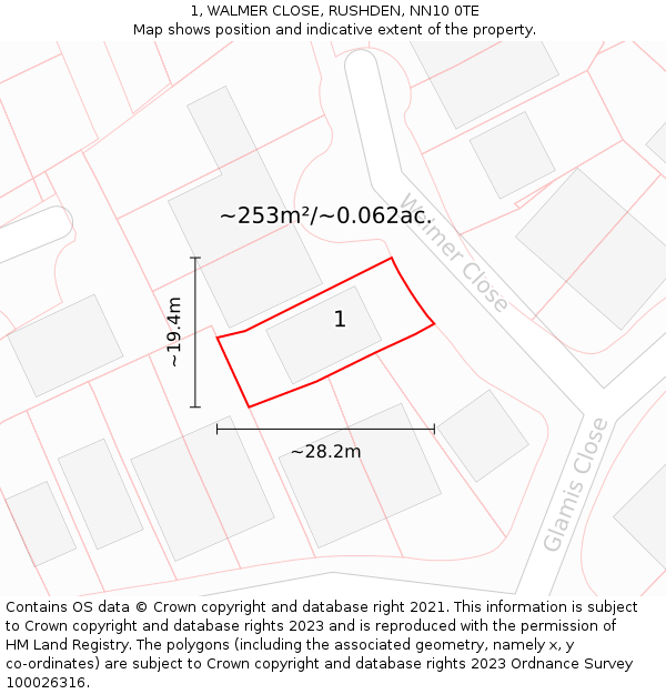 1, WALMER CLOSE, RUSHDEN, NN10 0TE: Plot and title map
