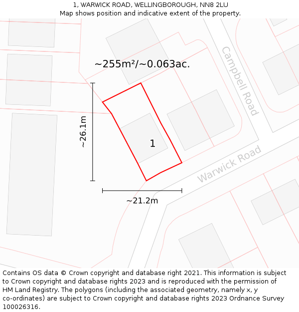1, WARWICK ROAD, WELLINGBOROUGH, NN8 2LU: Plot and title map